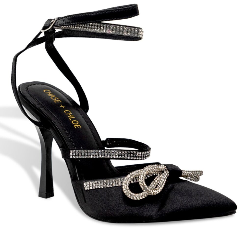 Women’s Rhinestone Embellished Pointed Toe Heels with Ankle Straps